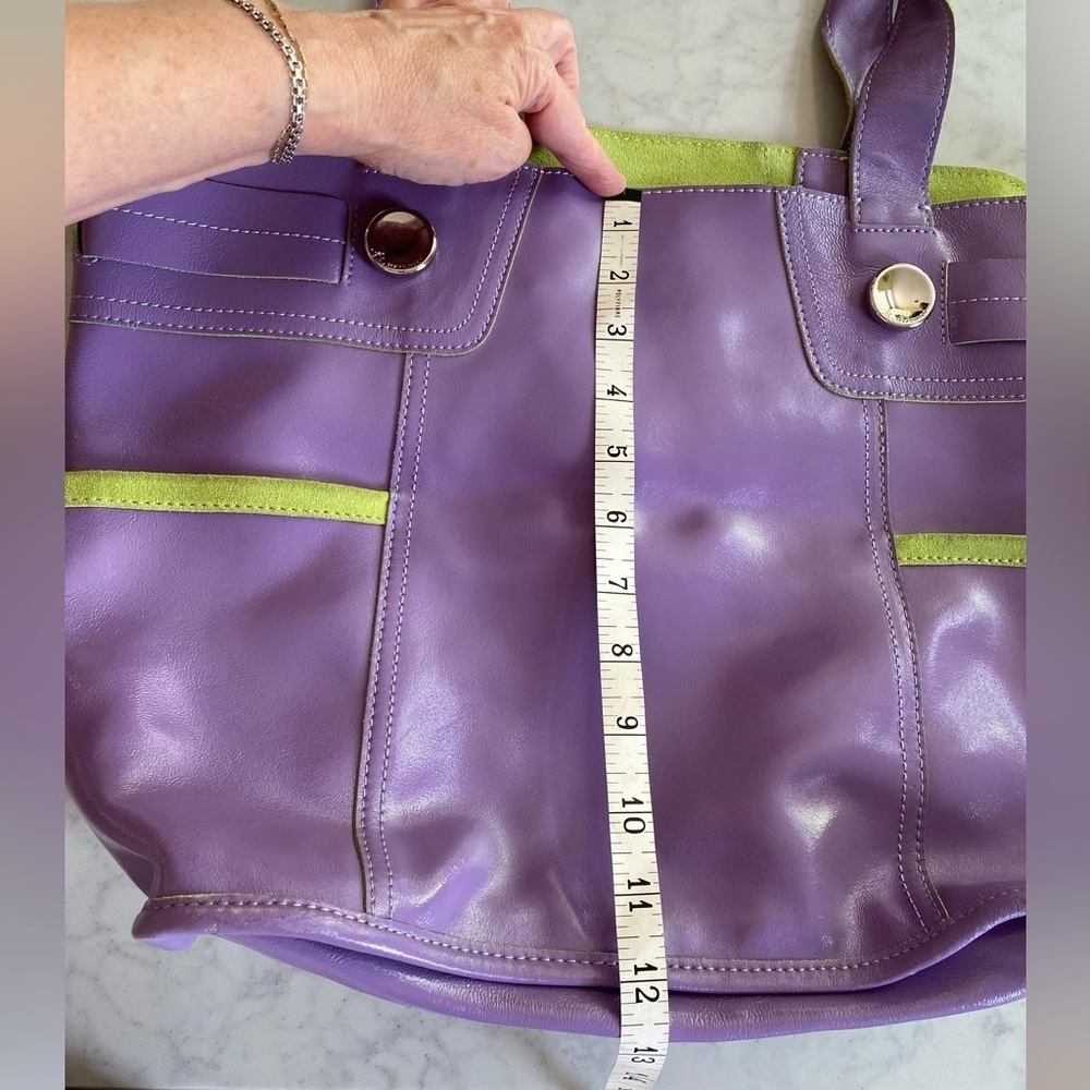 B Makowsky Purple Patten Leather Burbank Tote Bag with Green Accents NWT - Picture 6 of 10